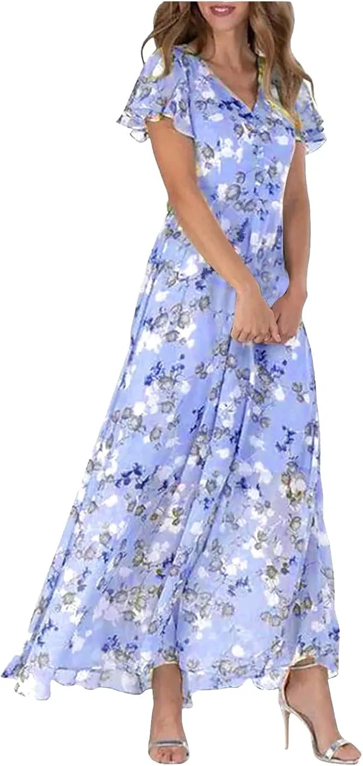 Women Casual Summer Dresses Chiffon Floral Short Sleeve Sun Dresses for Women 2025 Flowy Swing Party Beach Skirts