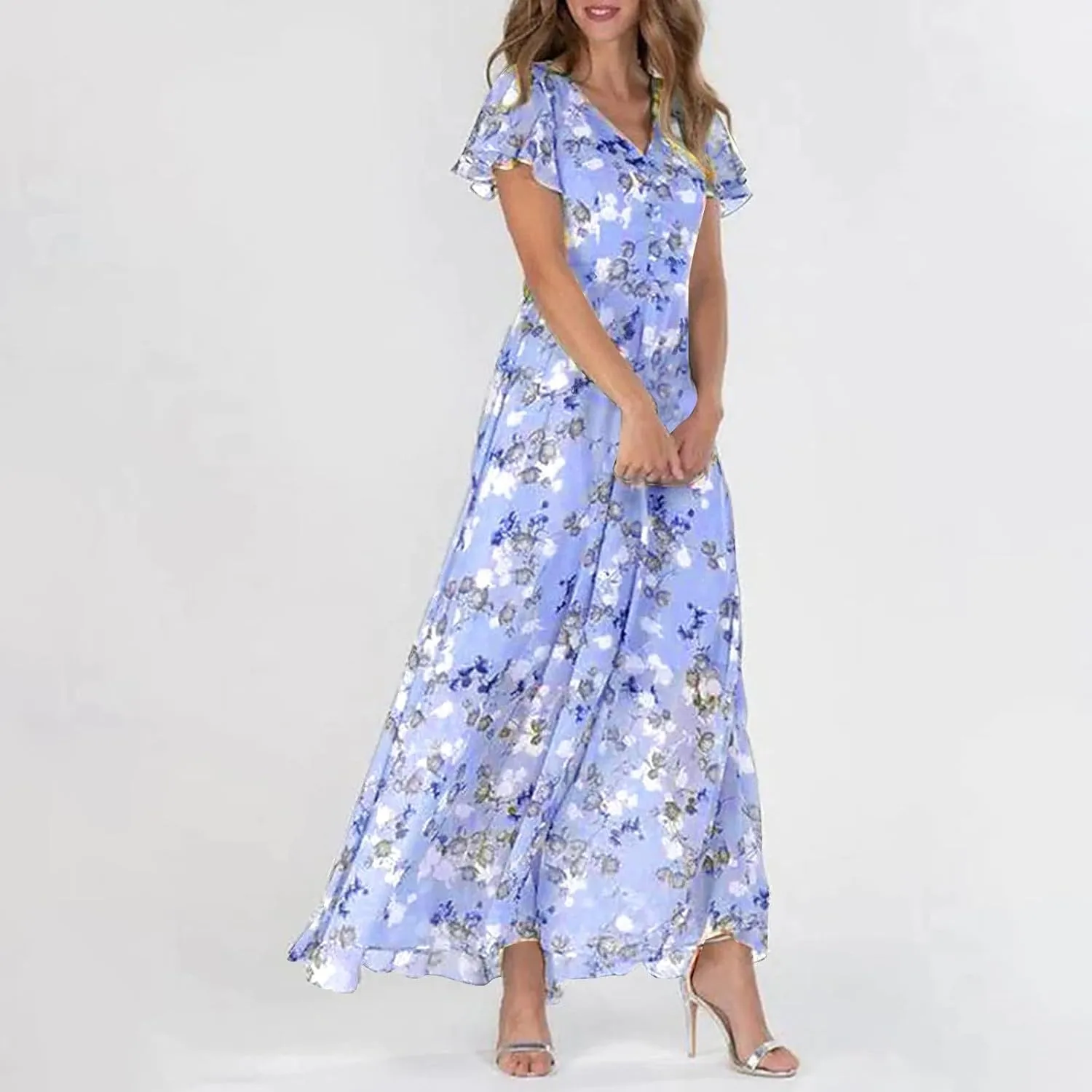 Women Casual Summer Dresses Chiffon Floral Short Sleeve Sun Dresses for Women 2025 Flowy Swing Party Beach Skirts