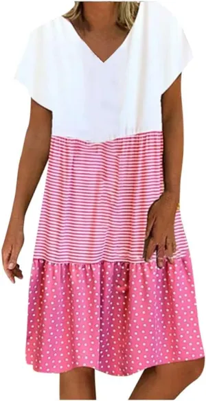 Women Color Block Mini Dress Tiered Short Sleeve V Neck Dresses Reffle Causal Dress 2023 Cute Travel Tunic Dress Clothes