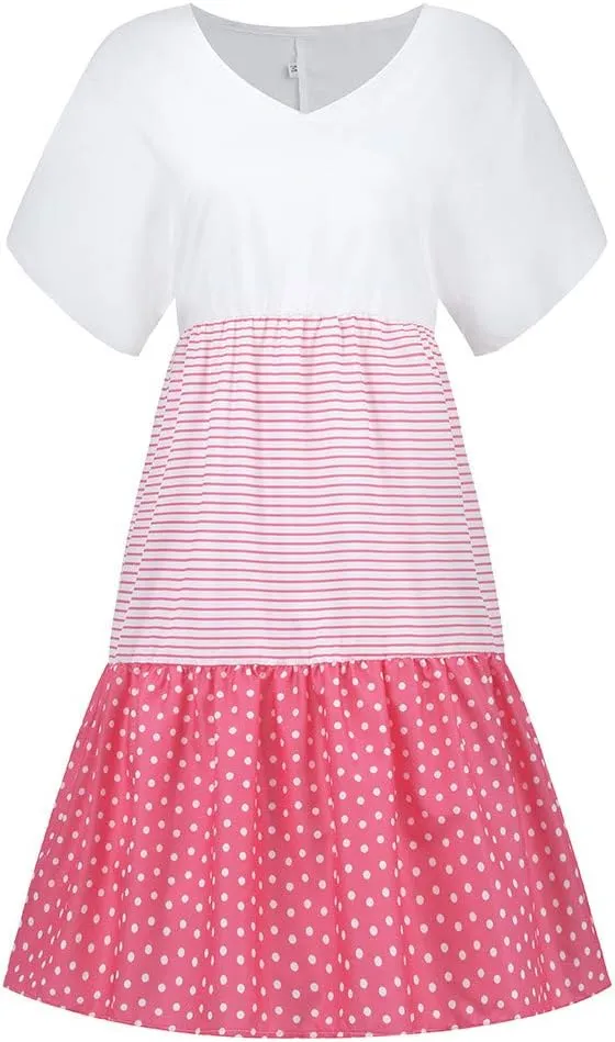 Women Color Block Mini Dress Tiered Short Sleeve V Neck Dresses Reffle Causal Dress 2023 Cute Travel Tunic Dress Clothes