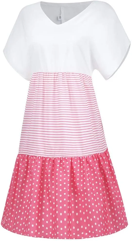 Women Color Block Mini Dress Tiered Short Sleeve V Neck Dresses Reffle Causal Dress 2023 Cute Travel Tunic Dress Clothes