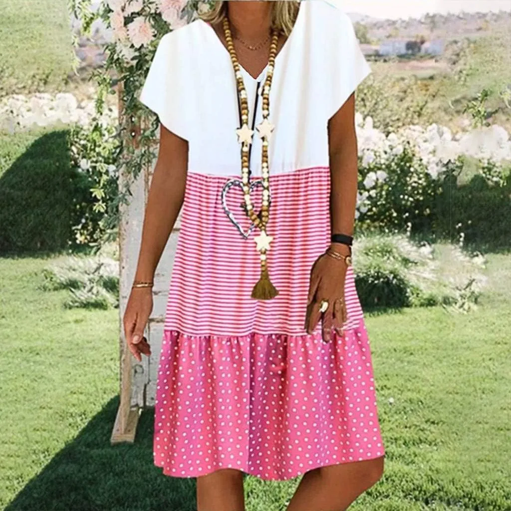 Women Color Block Mini Dress Tiered Short Sleeve V Neck Dresses Reffle Causal Dress 2023 Cute Travel Tunic Dress Clothes