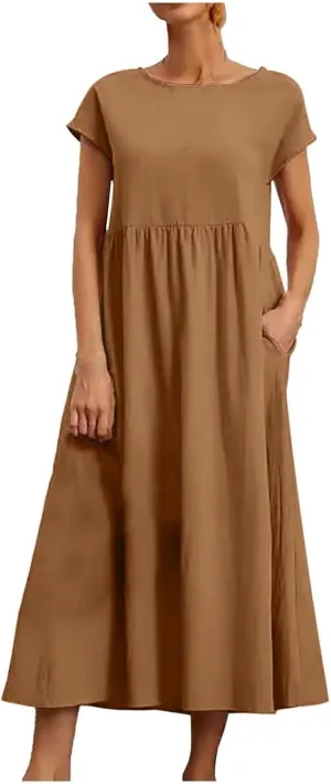 Women Cotton Linen Flowy Dresses with Pockets Casual Short Sleeve A-Line Maxi Dress Beach Vacation Tunic Sundress