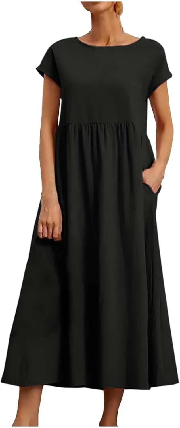 Women Cotton Linen Flowy Dresses with Pockets Casual Short Sleeve A-Line Maxi Dress Beach Vacation Tunic Sundress
