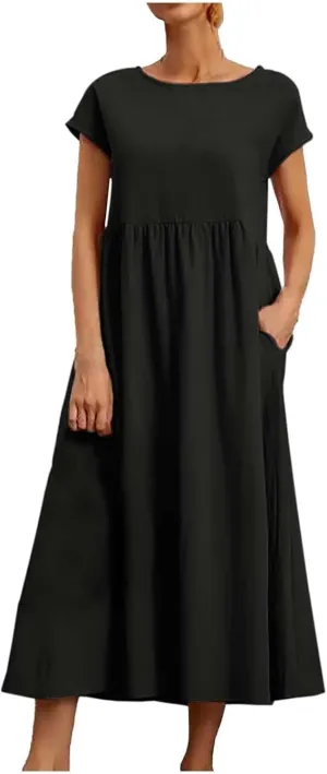 Women Cotton Linen Flowy Dresses with Pockets Casual Short Sleeve A-Line Maxi Dress Beach Vacation Tunic Sundress