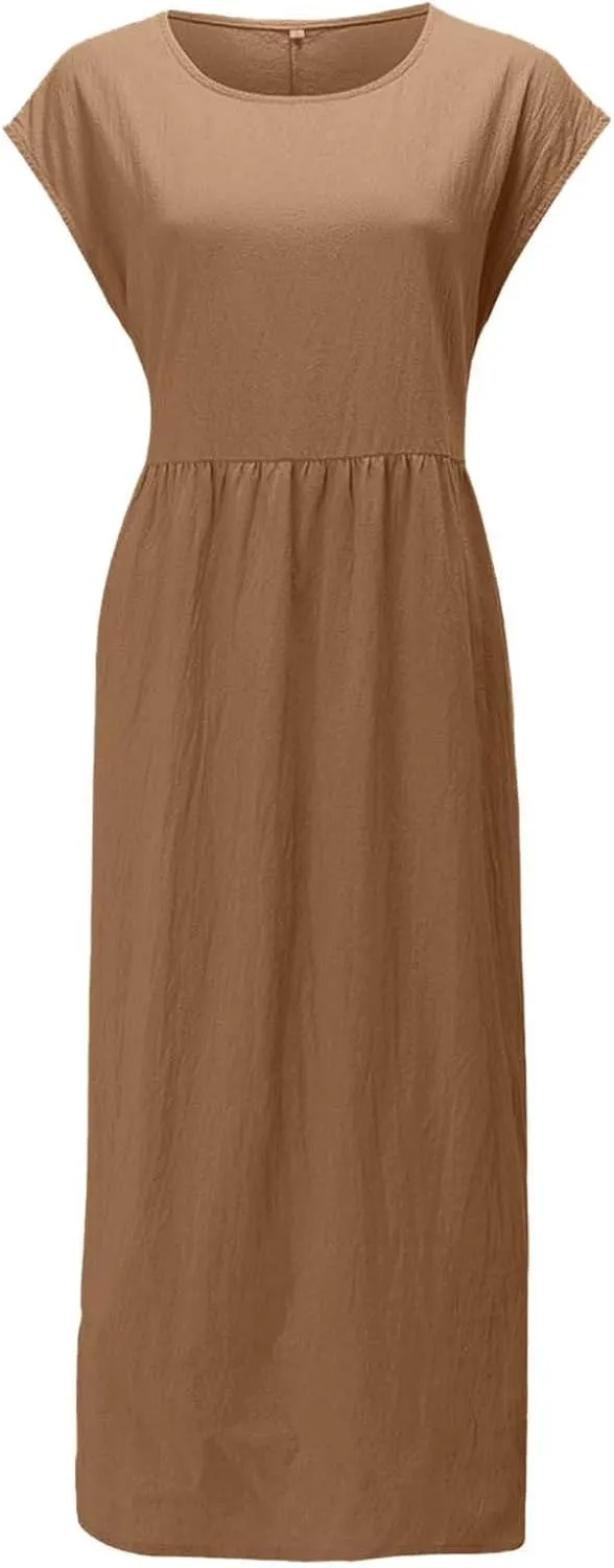 Women Cotton Linen Flowy Dresses with Pockets Casual Short Sleeve A-Line Maxi Dress Beach Vacation Tunic Sundress