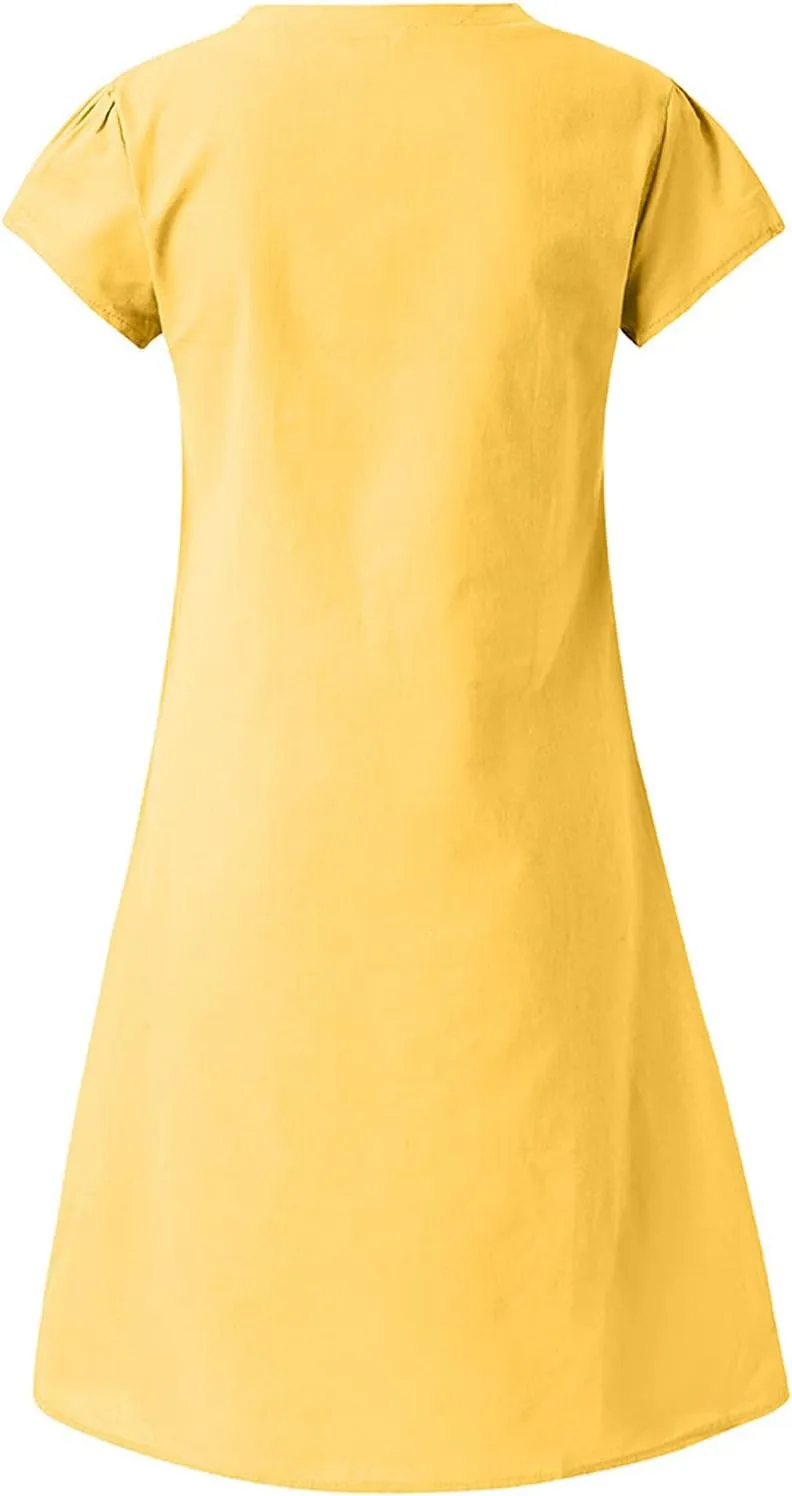 Women Cotton Linen Short Dress Plain V Neck Casual Dresses Short Sleeve Shift Dress Cute Travel Clothes Summer Outfits