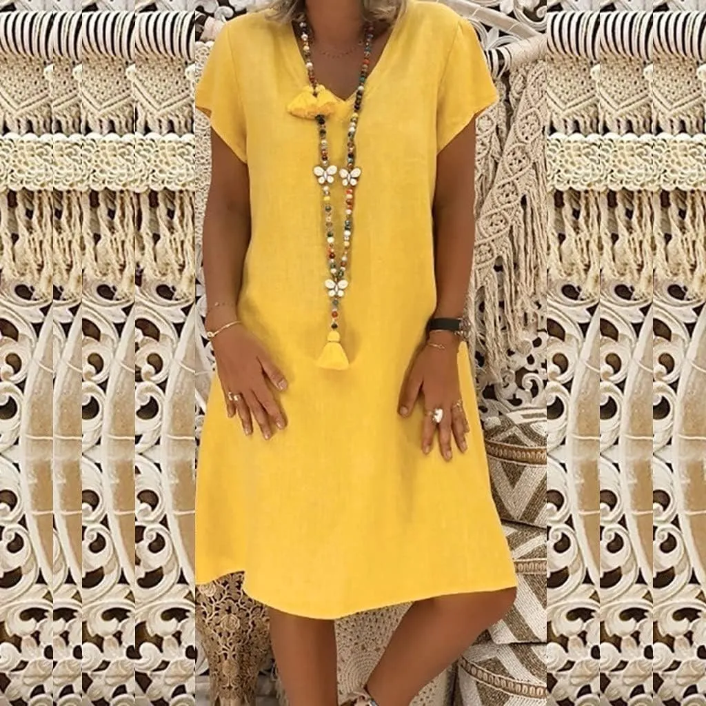 Women Cotton Linen Short Dress Plain V Neck Casual Dresses Short Sleeve Shift Dress Cute Travel Clothes Summer Outfits