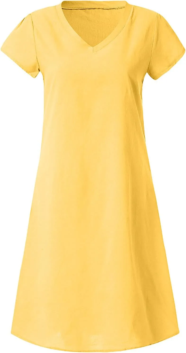 Women Cotton Linen Short Dress Plain V Neck Casual Dresses Short Sleeve Shift Dress Cute Travel Clothes Summer Outfits