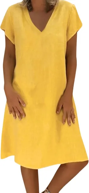 Women Cotton Linen Short Dress Plain V Neck Casual Dresses Short Sleeve Shift Dress Cute Travel Clothes Summer Outfits