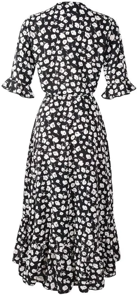 Women Dresses Summer 2024 Floral Side Slit Ruffle Hem Flowy A-Line Dress Casual Ruffle Short Sleeve V Neck Sundress