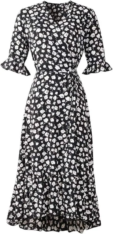 Women Dresses Summer 2024 Floral Side Slit Ruffle Hem Flowy A-Line Dress Casual Ruffle Short Sleeve V Neck Sundress