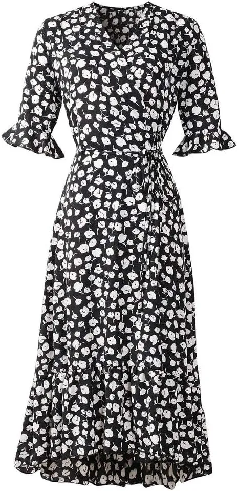 Women Dresses Summer 2024 Floral Side Slit Ruffle Hem Flowy A-Line Dress Casual Ruffle Short Sleeve V Neck Sundress