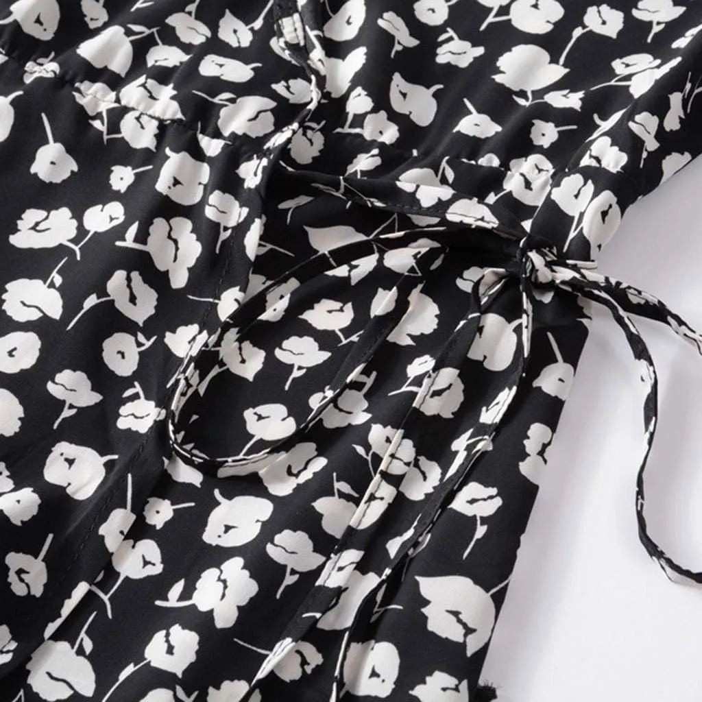 Women Dresses Summer 2024 Floral Side Slit Ruffle Hem Flowy A-Line Dress Casual Ruffle Short Sleeve V Neck Sundress