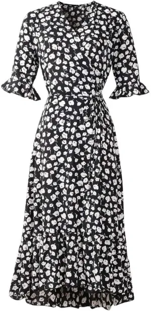 Women Dresses Summer 2024 Floral Side Slit Ruffle Hem Flowy A-Line Dress Casual Ruffle Short Sleeve V Neck Sundress