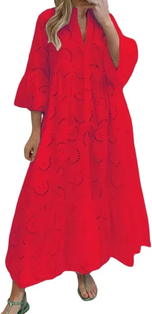 Women Eyelet Dress Boho Elegant Lace Hollow Summer V Neck Bell Sleeve Ruffle Casual Flowy Long Maxi Dresses