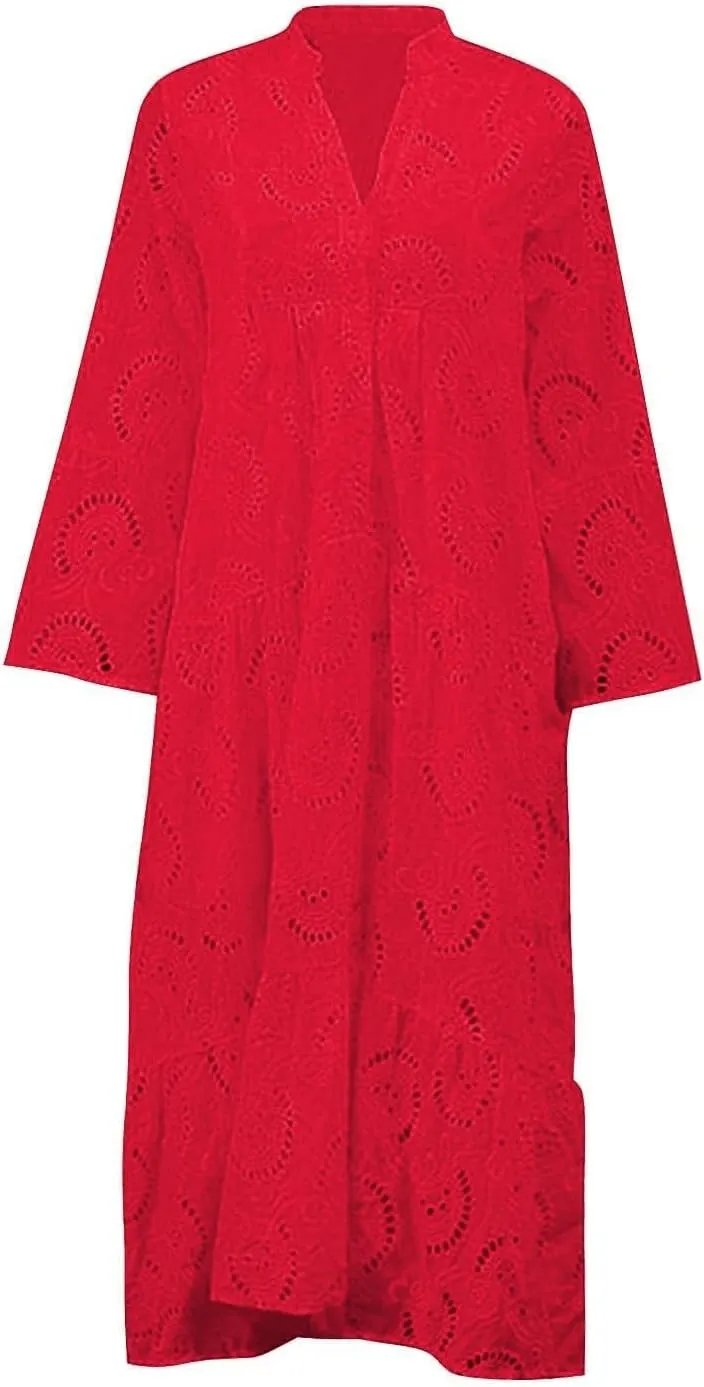Women Eyelet Dress Boho Elegant Lace Hollow Summer V Neck Bell Sleeve Ruffle Casual Flowy Long Maxi Dresses