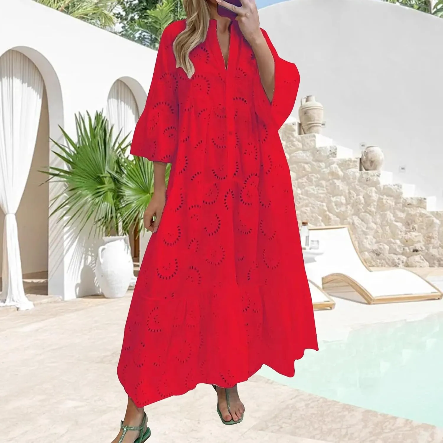 Women Eyelet Dress Boho Elegant Lace Hollow Summer V Neck Bell Sleeve Ruffle Casual Flowy Long Maxi Dresses