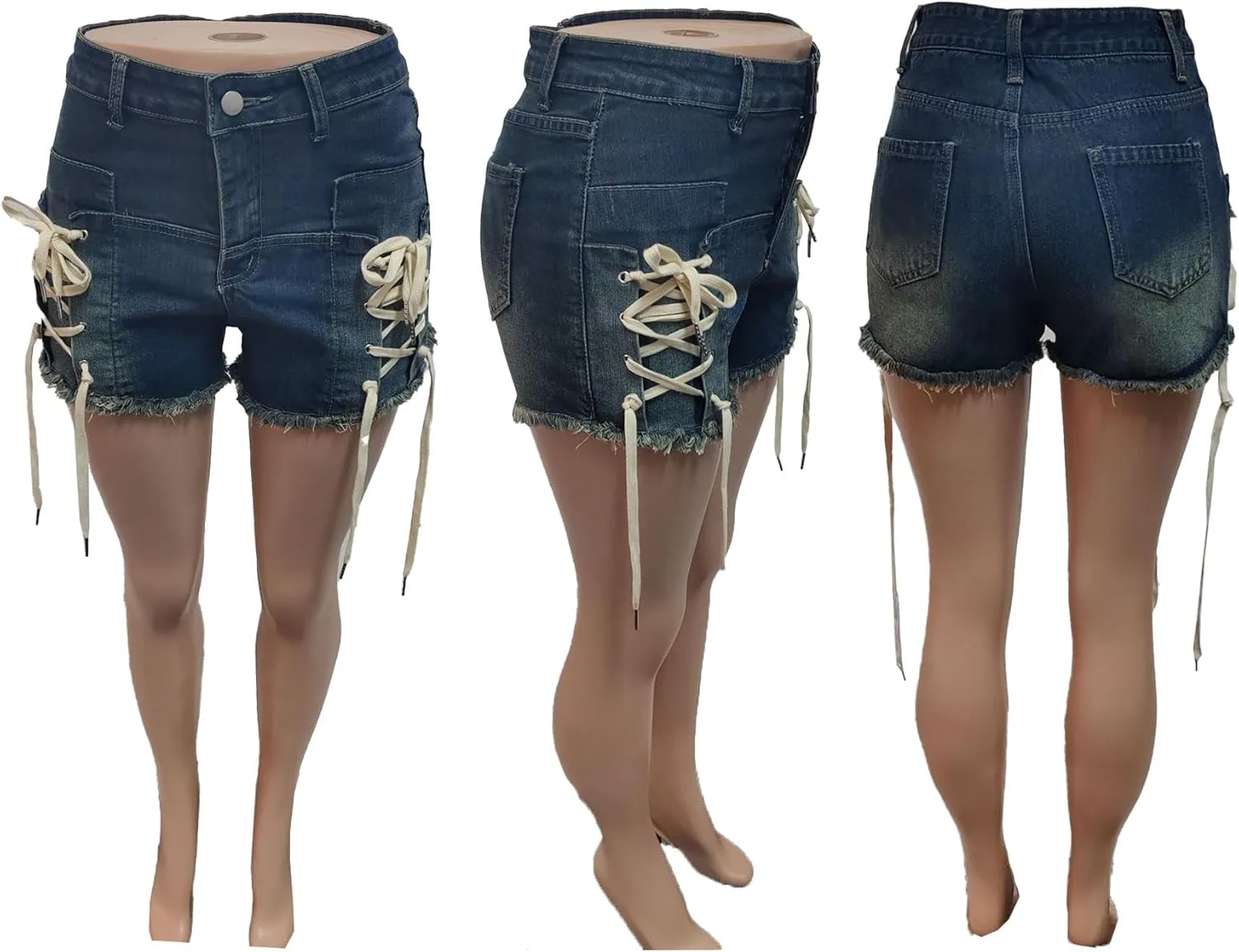 Women High Waisted Denim Shorts Skinny Frayed Raw Hem Bandage Shorts Casual Jeans Shorts Streetwear