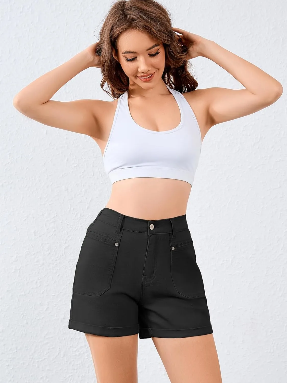 Women High Waisted Jean Shorts Stretchy Denim Shorts for Women Folded Hem Chino Shorts Summer Jorts