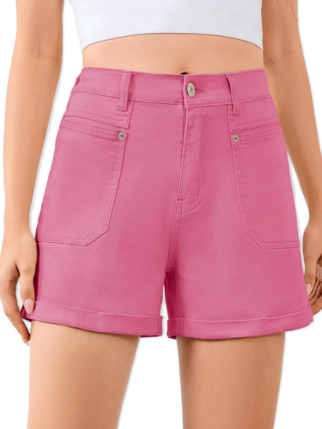 Women High Waisted Jean Shorts Stretchy Denim Shorts for Women Folded Hem Chino Shorts Summer Jorts