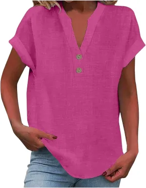 Women Linen Shirts V-Neck Button Up Blouse Bohemian Embroidery Trendy Tshirts Long Sleeve Loose T-Shirt
