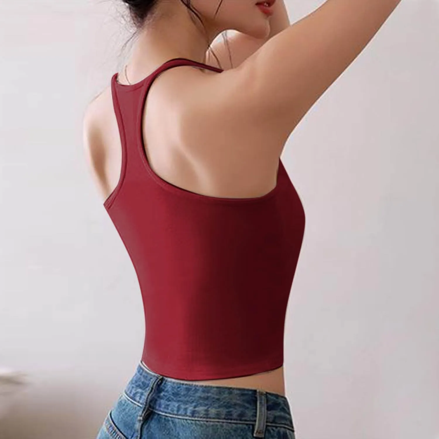Women Ribbed Racer Back Cami Tops Summer Built in Bra Yoga Workout Tank Top Sexy Form Fitting Square Neck Undershirt