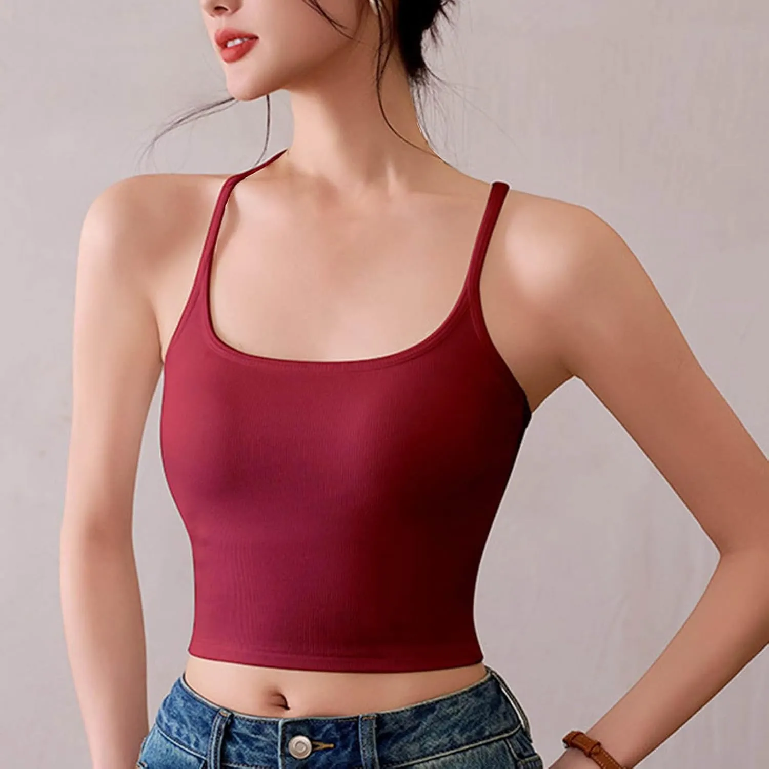 Women Ribbed Racer Back Cami Tops Summer Built in Bra Yoga Workout Tank Top Sexy Form Fitting Square Neck Undershirt