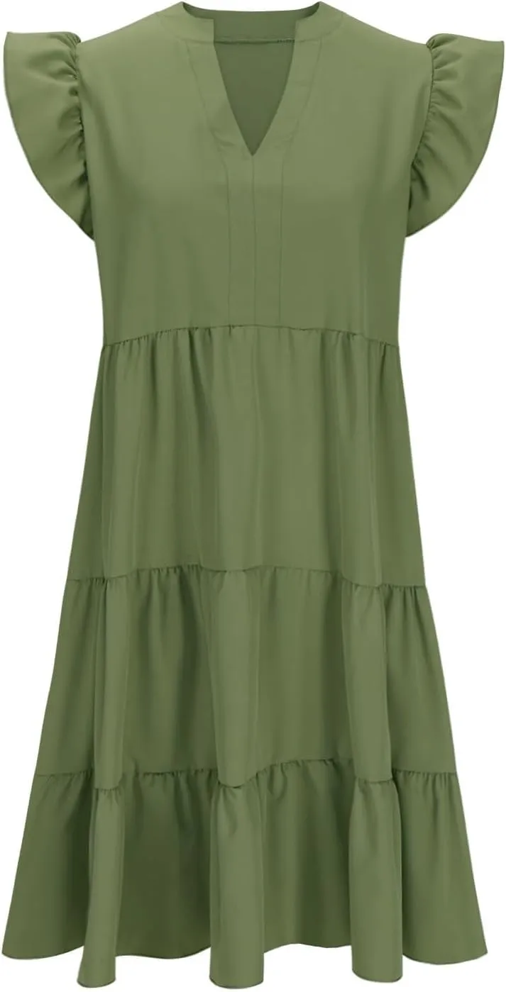 Women Ruffle Sleeve V Neck Midi Dresses Tiered Flowy A Line Casual Loose Beach Dress Pleated Sundress with Pocket