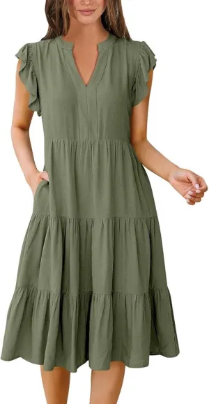 Women Ruffle Sleeve V Neck Midi Dresses Tiered Flowy A Line Casual Loose Beach Dress Pleated Sundress with Pocket