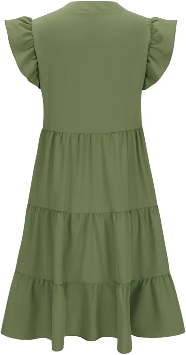 Women Ruffle Sleeve V Neck Midi Dresses Tiered Flowy A Line Casual Loose Beach Dress Pleated Sundress with Pocket