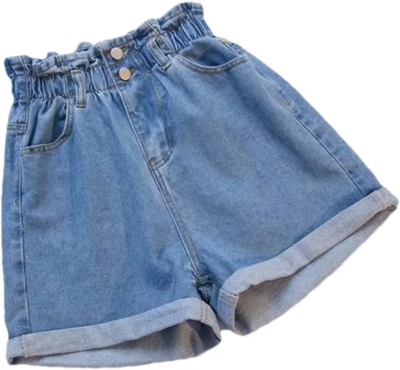 Women Ruffles Denim Shorts Elastic Waist Wide Leg Shorts A-Line Hot Pants High Waisted Shorts Jean Shorts