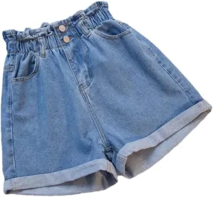 Women Ruffles Denim Shorts Elastic Waist Wide Leg Shorts A-Line Hot Pants High Waisted Shorts Jean Shorts