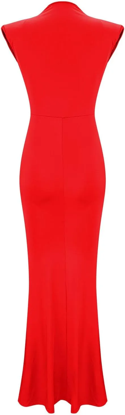 Women Sexy Deep V Sleeveless Dress Cocktail Gown Solid Wrap Long Dresses Shoulder Padded Elegant Evening Dress