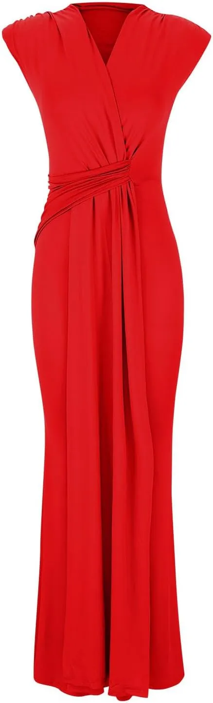 Women Sexy Deep V Sleeveless Dress Cocktail Gown Solid Wrap Long Dresses Shoulder Padded Elegant Evening Dress