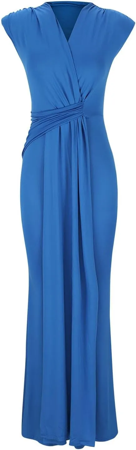 Women Sexy Deep V Sleeveless Dress Cocktail Gown Solid Wrap Long Dresses Shoulder Padded Elegant Evening Dress