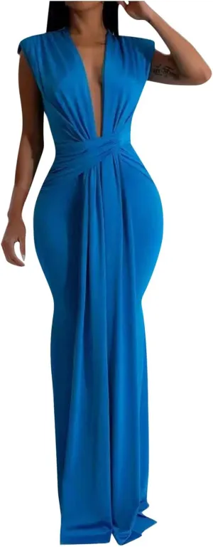 Women Sexy Deep V Sleeveless Dress Cocktail Gown Solid Wrap Long Dresses Shoulder Padded Elegant Evening Dress