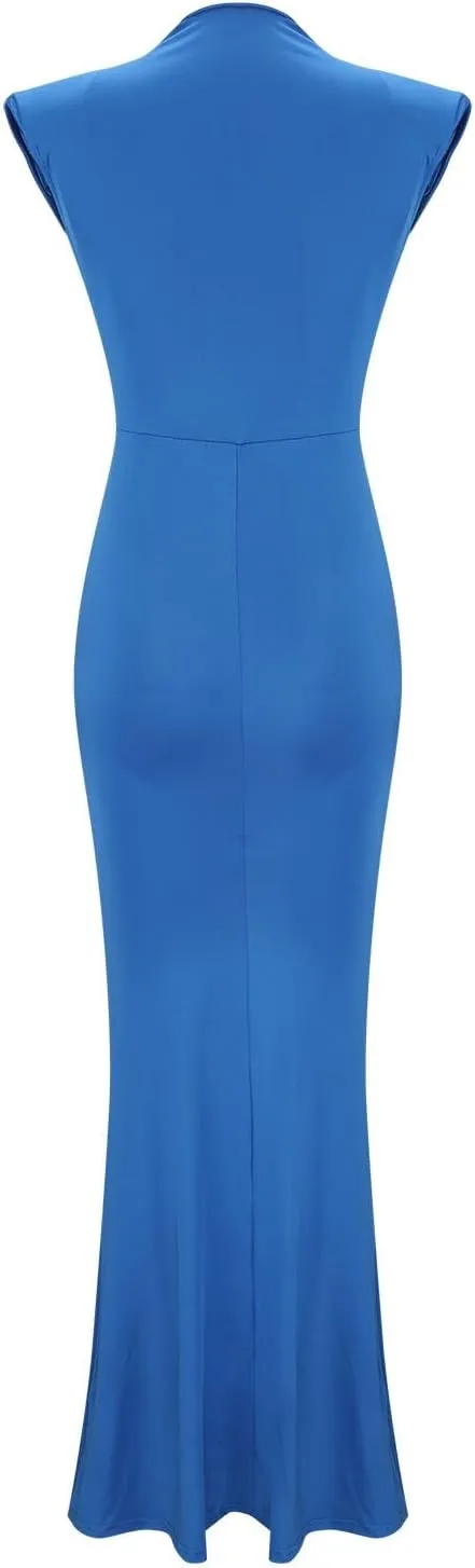 Women Sexy Deep V Sleeveless Dress Cocktail Gown Solid Wrap Long Dresses Shoulder Padded Elegant Evening Dress