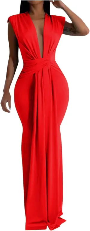 Women Sexy Deep V Sleeveless Dress Cocktail Gown Solid Wrap Long Dresses Shoulder Padded Elegant Evening Dress