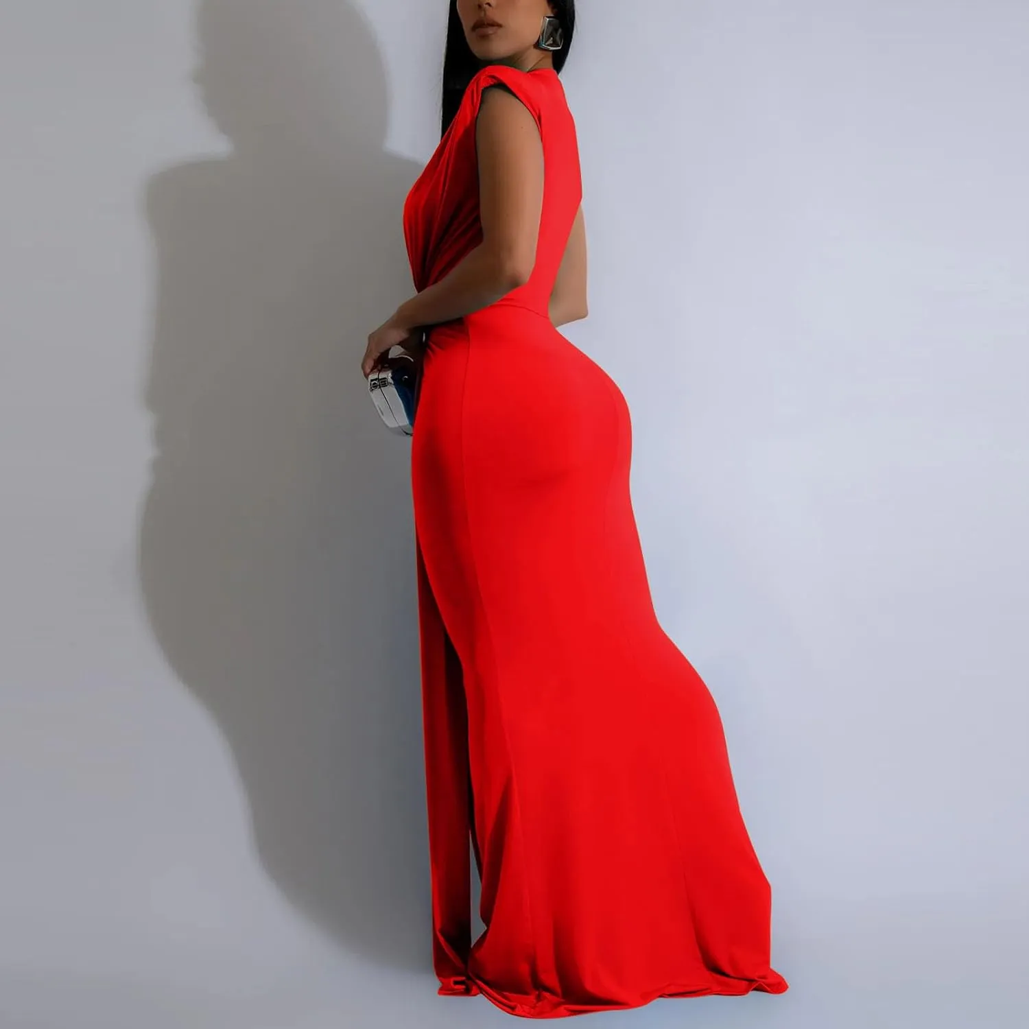 Women Sexy Deep V Sleeveless Dress Cocktail Gown Solid Wrap Long Dresses Shoulder Padded Elegant Evening Dress