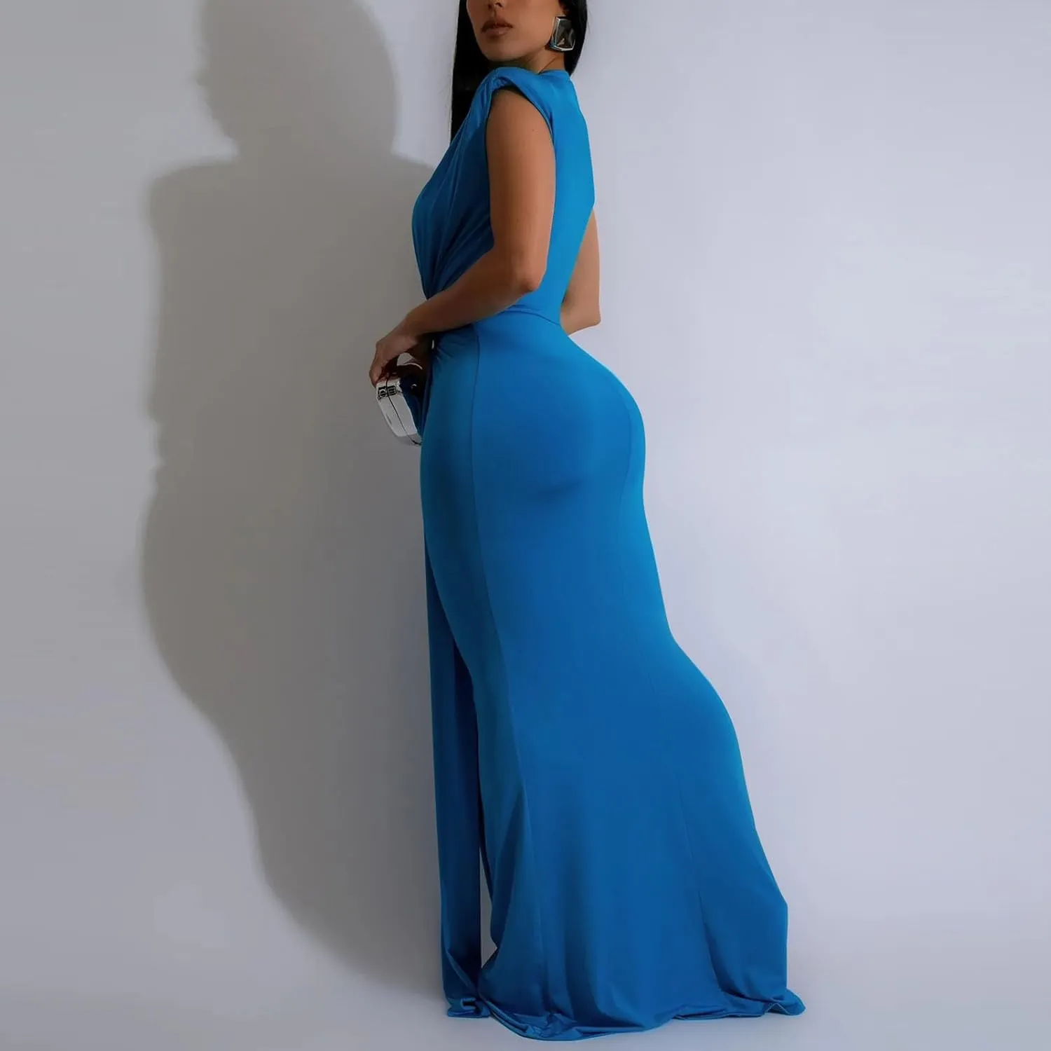 Women Sexy Deep V Sleeveless Dress Cocktail Gown Solid Wrap Long Dresses Shoulder Padded Elegant Evening Dress