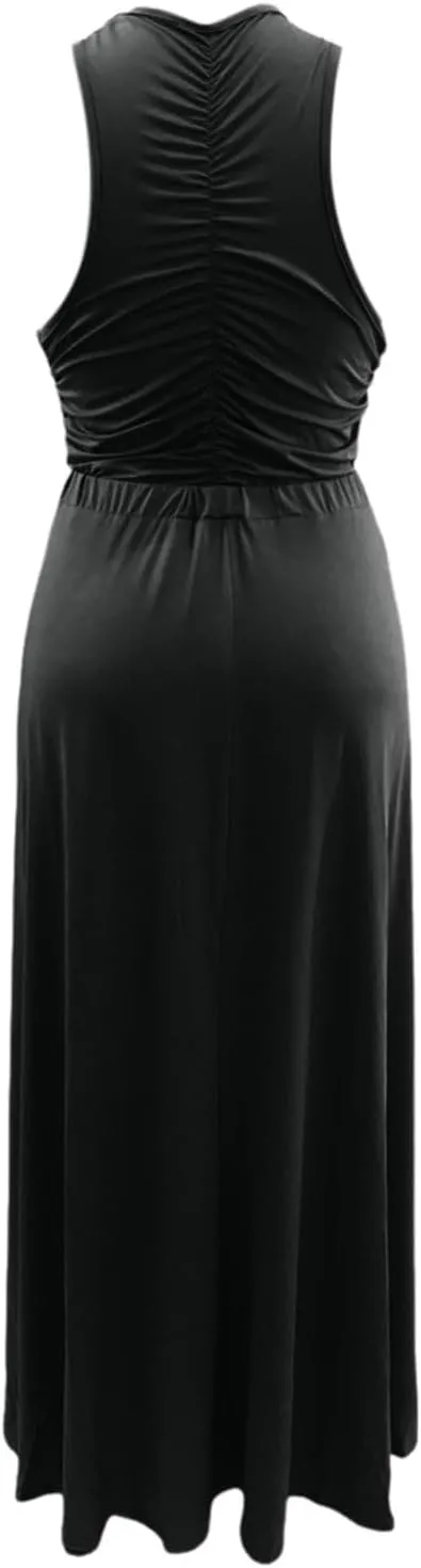 Women Sexy Hollow Out Wrap Sleeveless Plain Pleated Slit Casual Long Maxi Dress Vintage Dress for Women