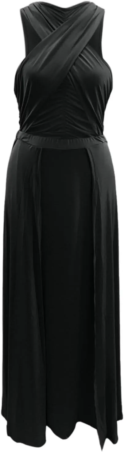 Women Sexy Hollow Out Wrap Sleeveless Plain Pleated Slit Casual Long Maxi Dress Vintage Dress for Women