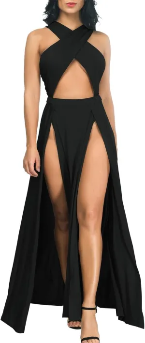Women Sexy Hollow Out Wrap Sleeveless Plain Pleated Slit Casual Long Maxi Dress Vintage Dress for Women