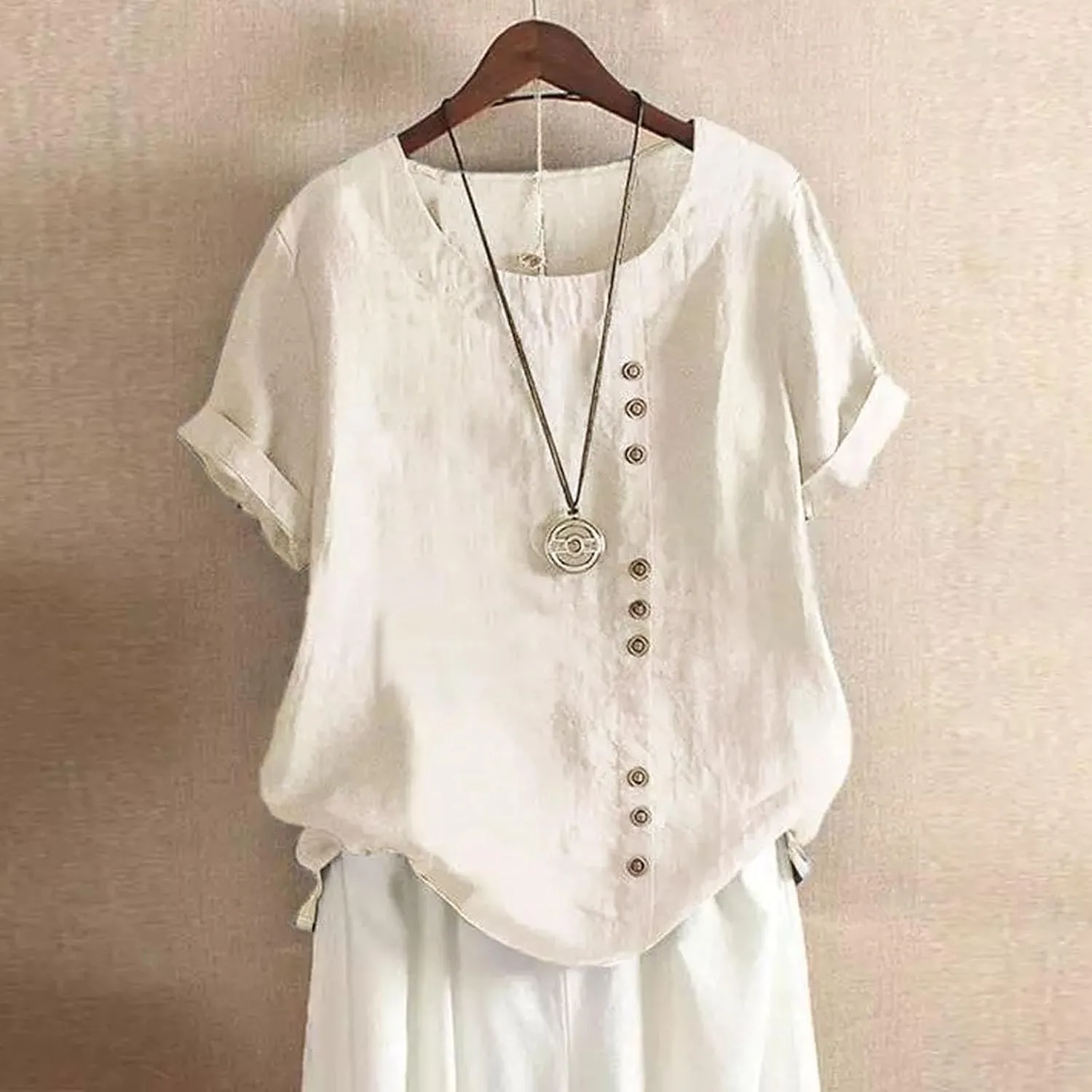 Women Short Sleeve Cotton Linen Shirt Casual Crew Neck Henley T Shirt Bohemian Embroidery Loose Summer Tops