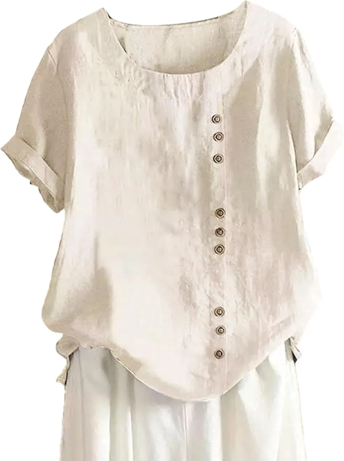 Women Short Sleeve Cotton Linen Shirt Casual Crew Neck Henley T Shirt Bohemian Embroidery Loose Summer Tops
