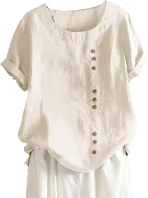 Women Short Sleeve Cotton Linen Shirt Casual Crew Neck Henley T Shirt Bohemian Embroidery Loose Summer Tops