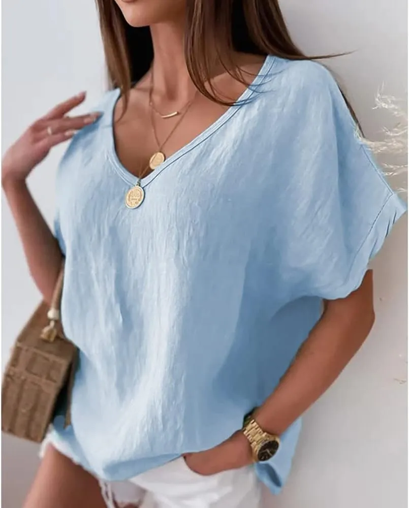 Women Solid Color Cotton Linen V-Neck Batwing Loose Summer Top Short Sleeve Oversized T-Shirt