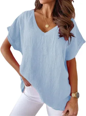 Women Solid Color Cotton Linen V-Neck Batwing Loose Summer Top Short Sleeve Oversized T-Shirt