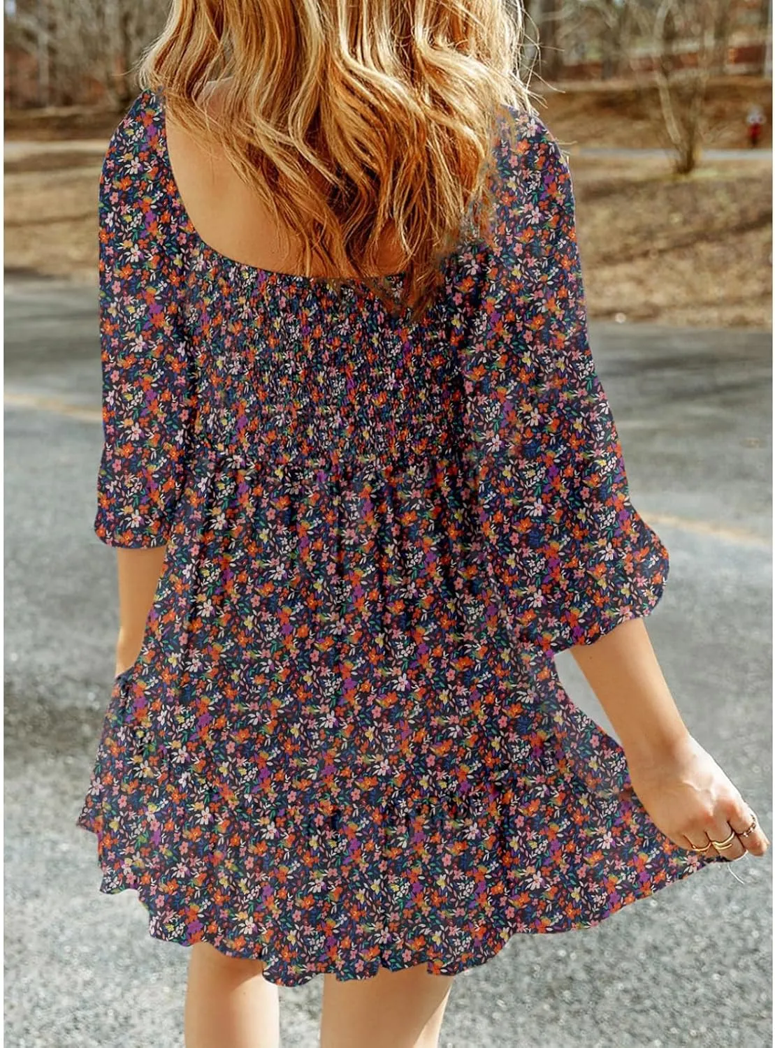Women Square Neck Smocked Dresses Floral Printed Ruffled Lantern Sleeves A Line Long Dress Swing Mini Dress Sundress
